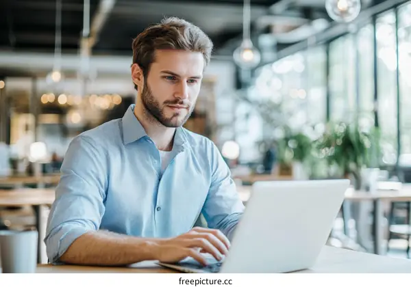 Focused Caucasian Man Working on Laptop in Cafe