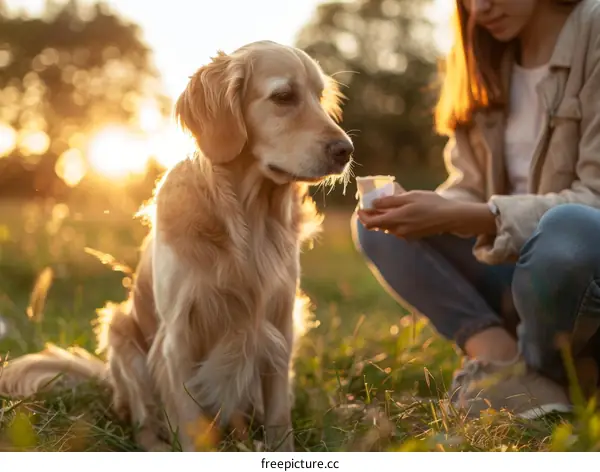 Golden Retriever dog looking at a treat in a woman's hand