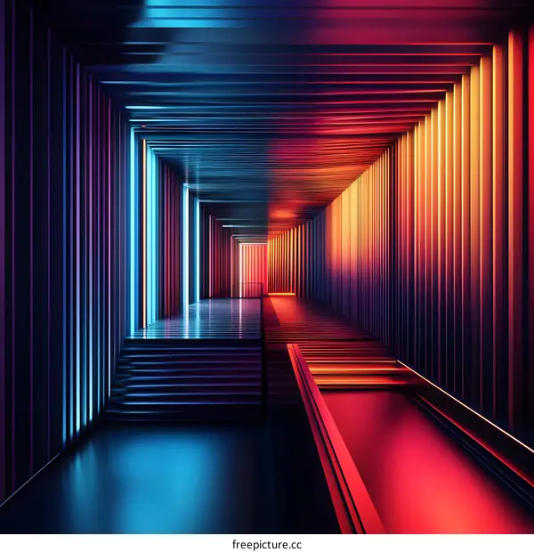 Neon Light Corridor Abstract Background With Blue And Red