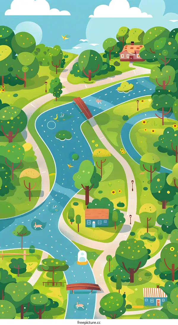 Summer Landscape with Winding River and Houses