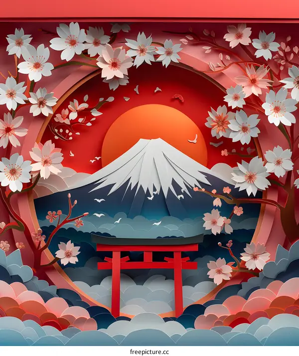 Mount Fuji with cherry blossoms and a torii gate