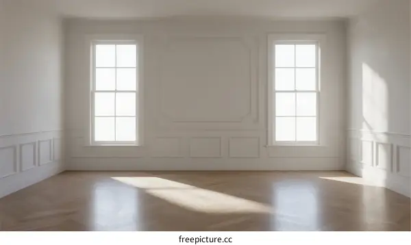 Empty room with white walls and wooden floor and two windows
