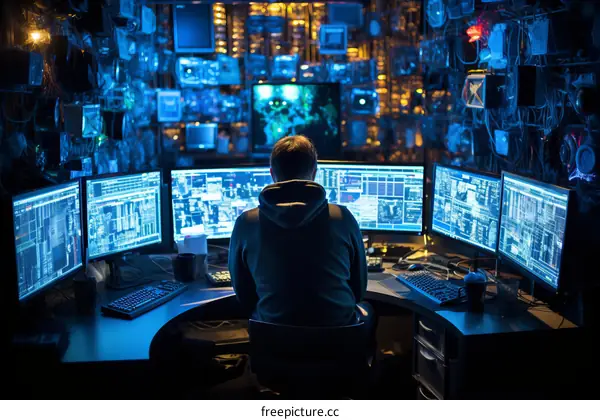 Hacker Working in a Dark Room with Multiple Computers