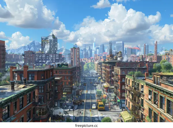 Cityscape View of a Vibrant Urban Area with Buildings and People