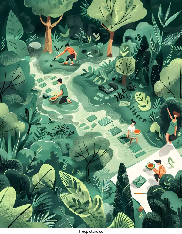 Four people working together to build a stone path through a lush green forest