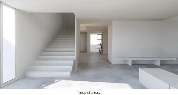 Modern Minimalist White Interior Design with Concrete Floor