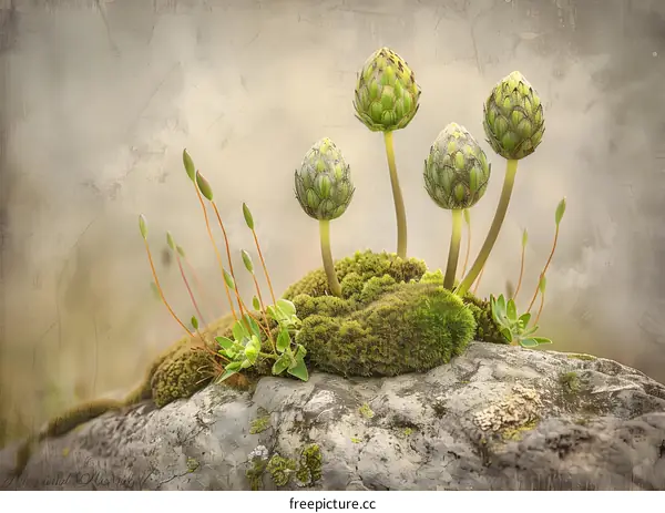 Green Buds Growing on Moss Covered Rock