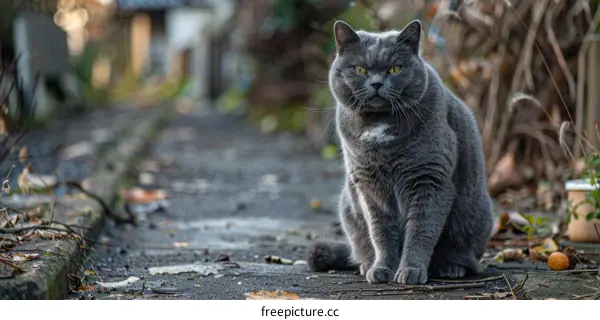 A gray cat is sitting on the ground outside