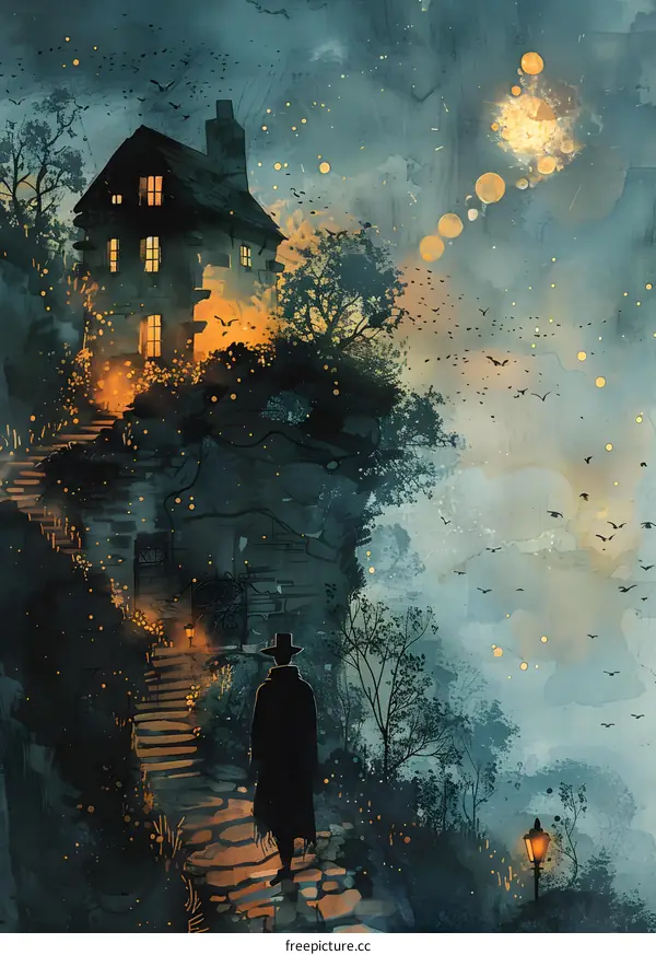 man walking up stone steps to a house on a cliff