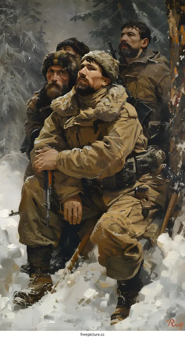 Three soldiers in winter camouflage in the forest