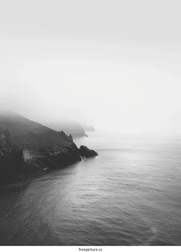 black and white photo of rocky coast with fog