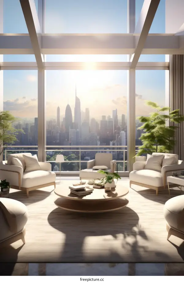 Modern Living Room with City View through Large Windows