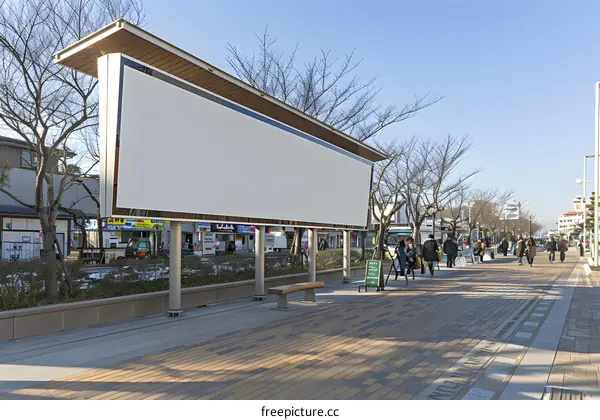 Blank Billboard in City Street With People Walking