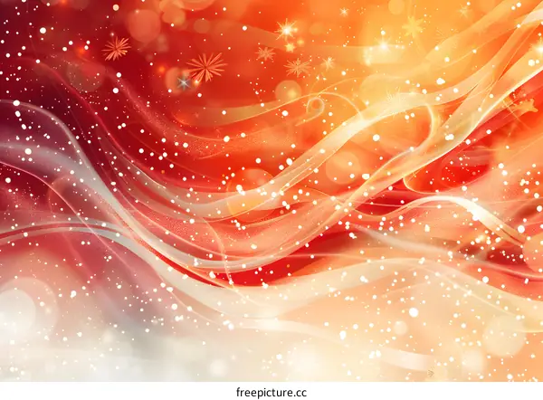 Abstract red and orange wavy background with snowflakes