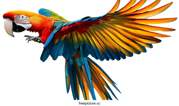 [Transparent Background PNG]Colorful Macaw in Flight against a White Background