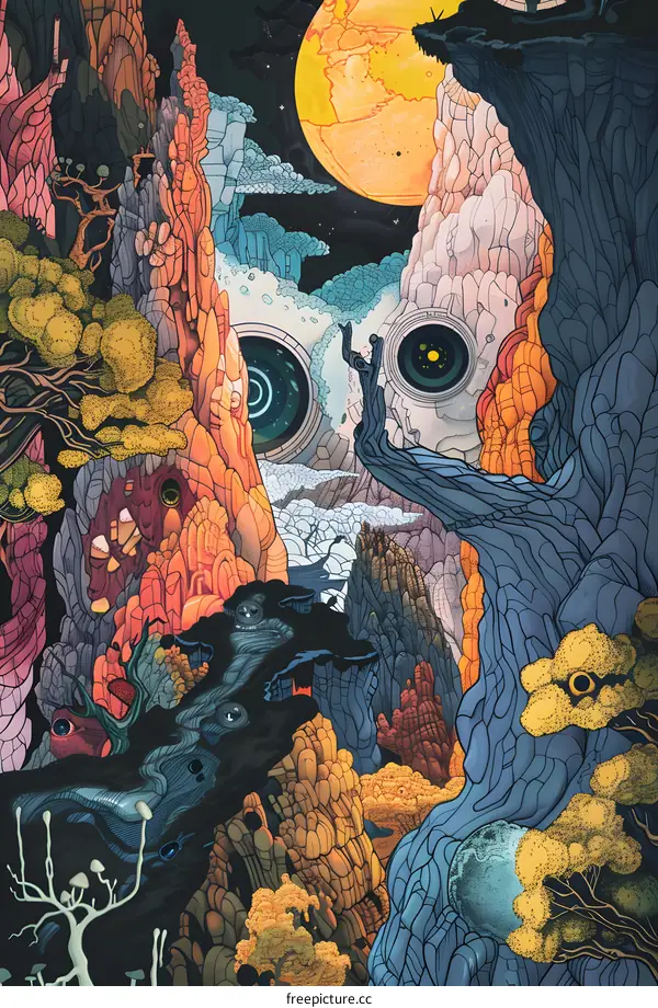 Abstract Fantasy Landscape with Mountains and Moon