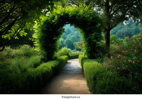 Serene Garden Pathway Through Lush Greenery