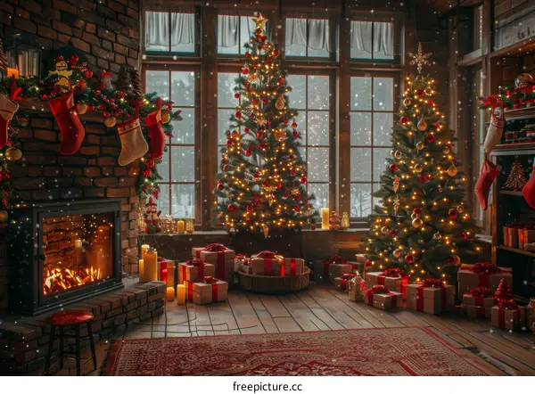 Beautifully decorated Christmas tree by the fireplace