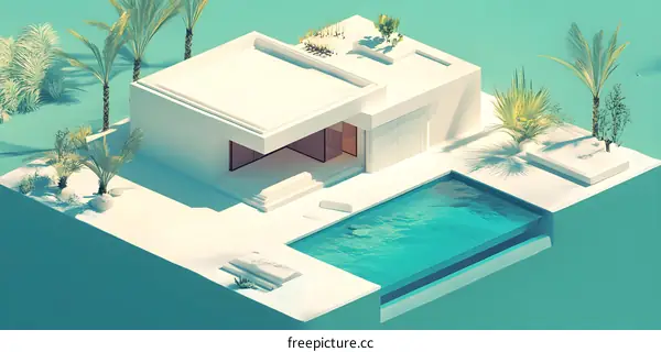 Minimalist White House with Swimming Pool and Palm Trees
