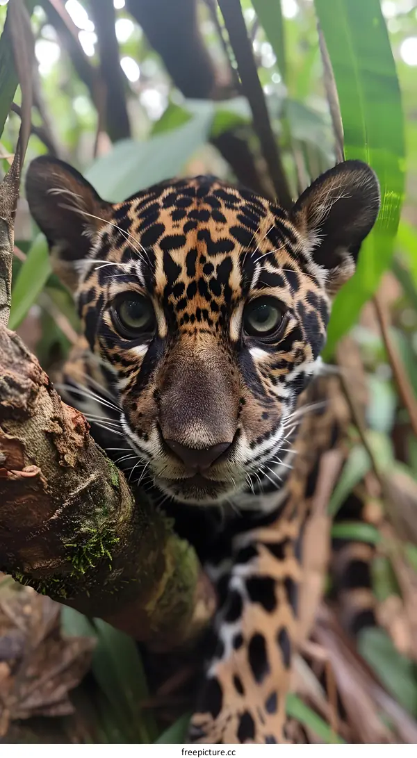 A jaguar cub peers out from behind a tree