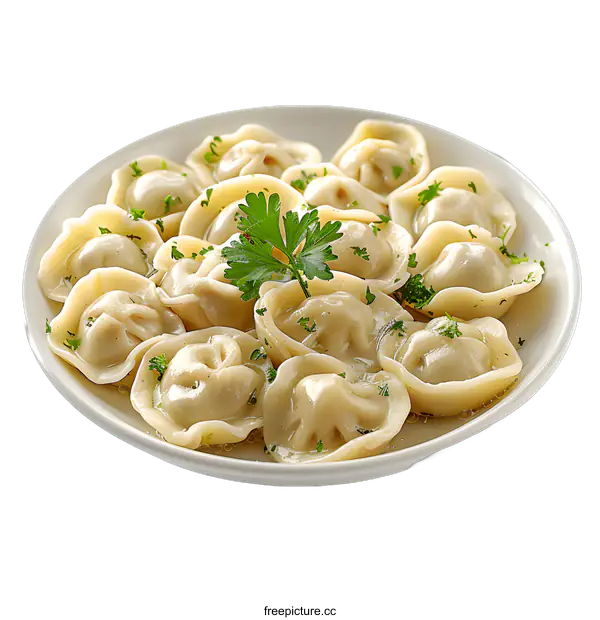 [Transparent Background PNG]Plate of cooked dumplings with parsley garnish