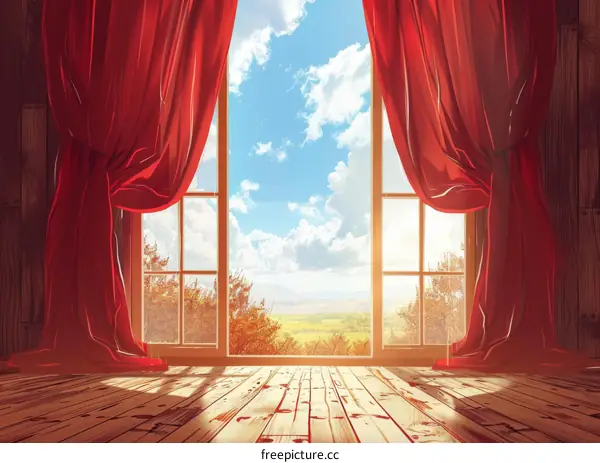 Red Drapery over Rustic Wood Floor with Pastoral Scene Beyond