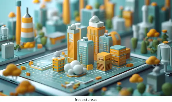 3D illustration of a futuristic smart city on a digital tablet
