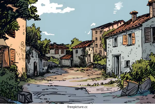 Hand Drawn Illustration of European Village with Houses and Roads