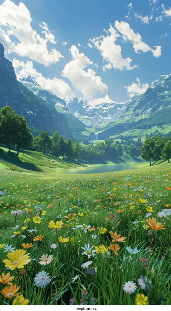 Vibrant Flowers Blooming in a Lush Green Meadow with Snow-Capped Mountains in the Distance