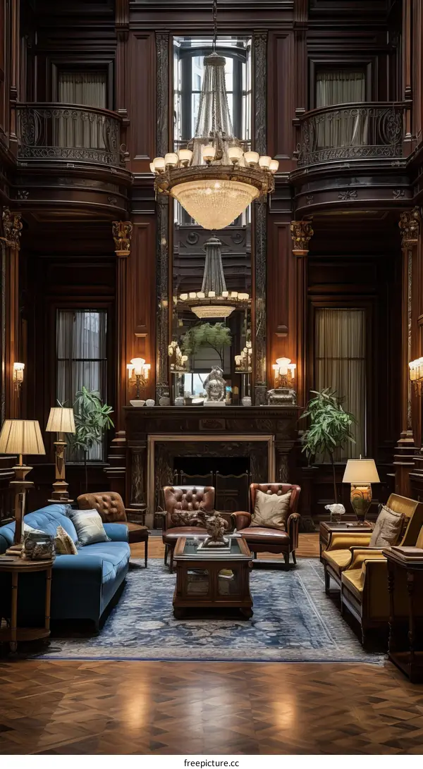 Luxurious living room with dark wood paneling and crystal chandelier