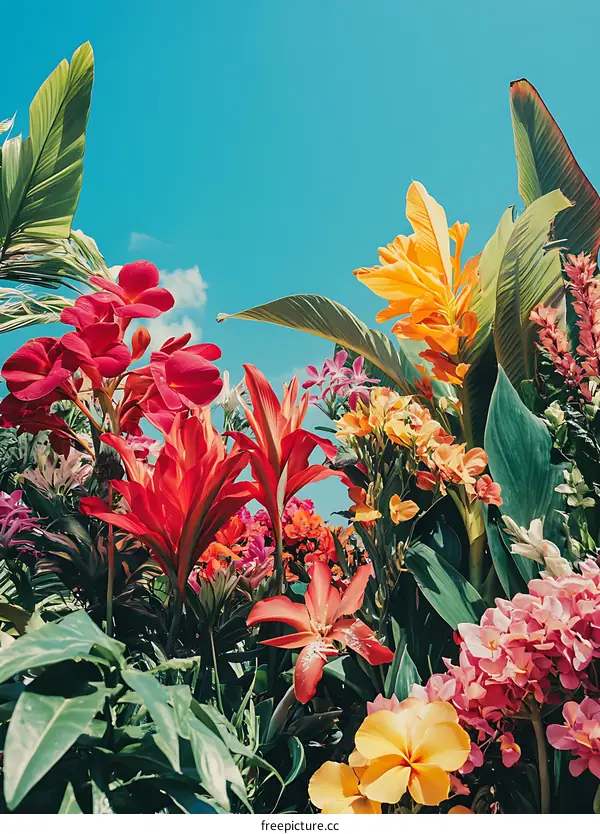 Colorful Tropical Flowers and Leaves Against a Blue Sky