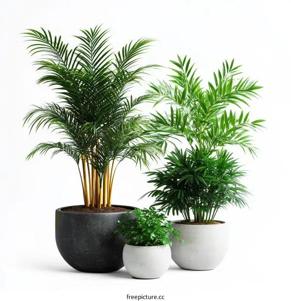 Three potted plants in various sizes and shapes