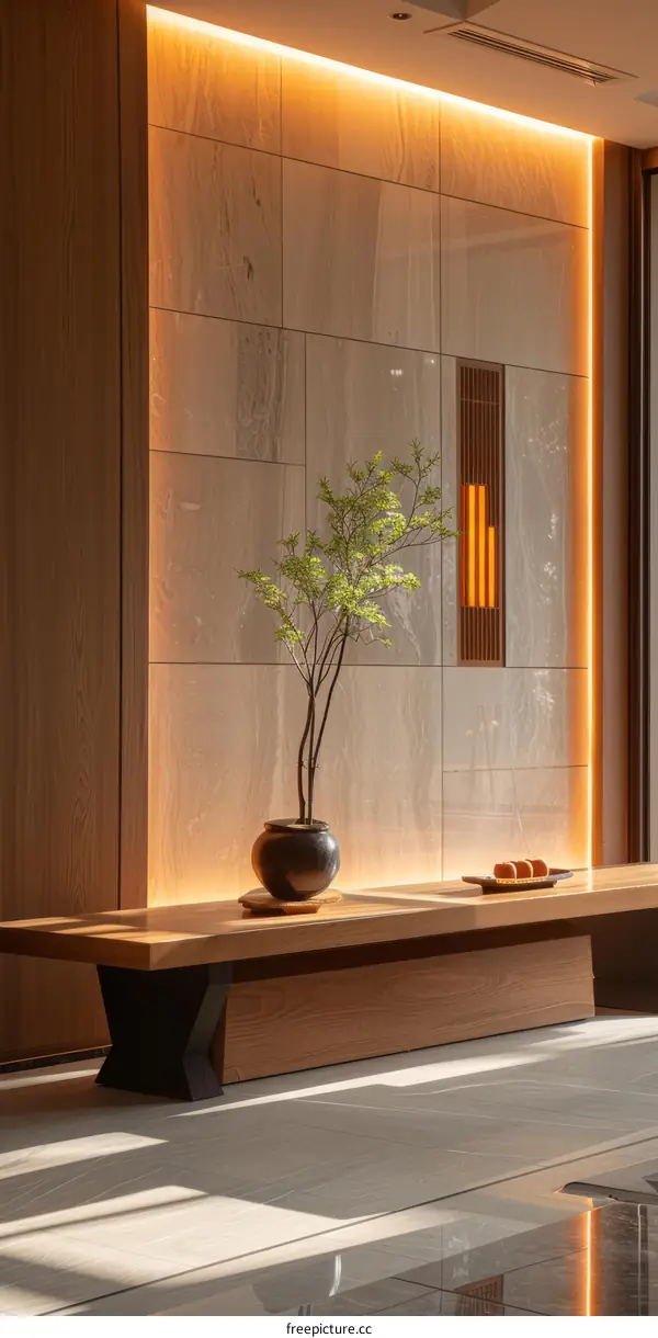 Bonsai Tree on Wooden Table in Minimal Interior with Marble Wall