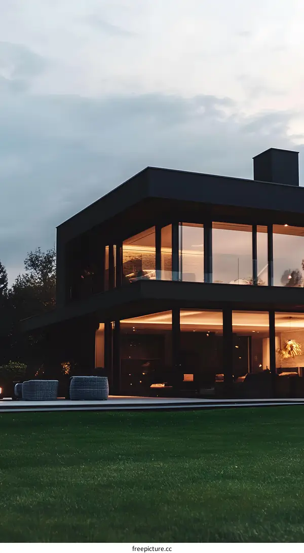 Modern Black House with Large Windows and Green Grass