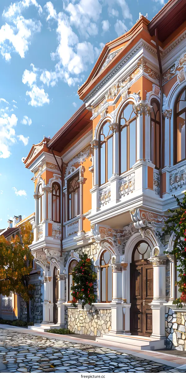 Beautiful orange facade of a building with white ornate stucco work and cobblestone street