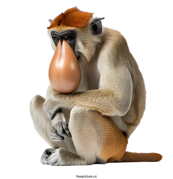 [Transparent Background PNG]Closeup of a Proboscis Monkey Sitting on a White Background