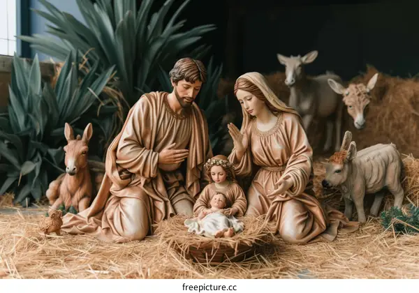 Nativity scene with Mary, Joseph, baby Jesus, a donkey, a cow and a goat