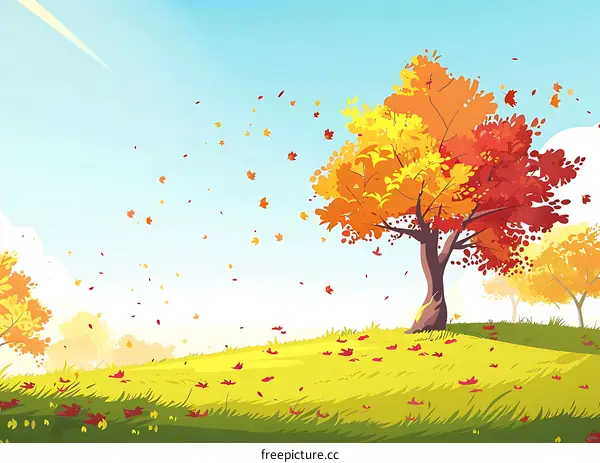 Autumn Landscape Illustration With Colorful Tree