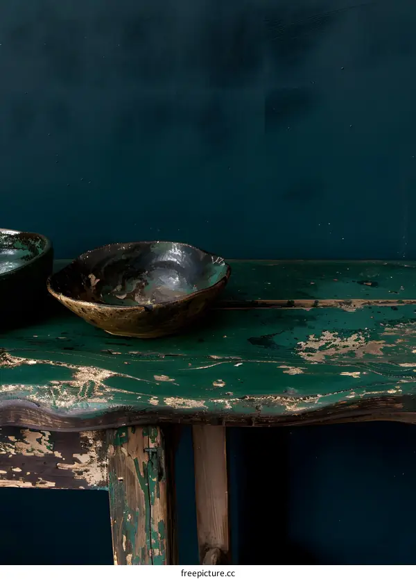 Green Wooden Table with Two Antique Bowls