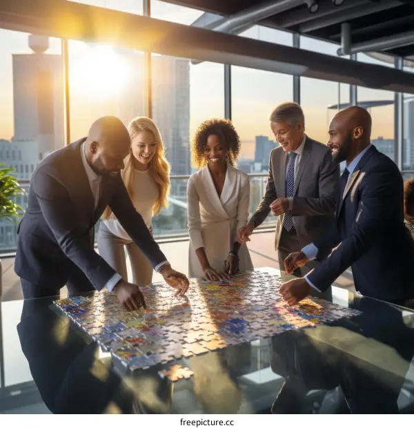 Diverse business team working together on a puzzle