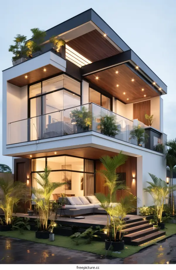 A Modern Two-Story House with a Terrace and a Garden