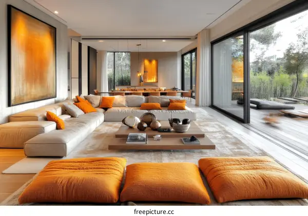 Modern Open Plan Living Area with Orange Accents
