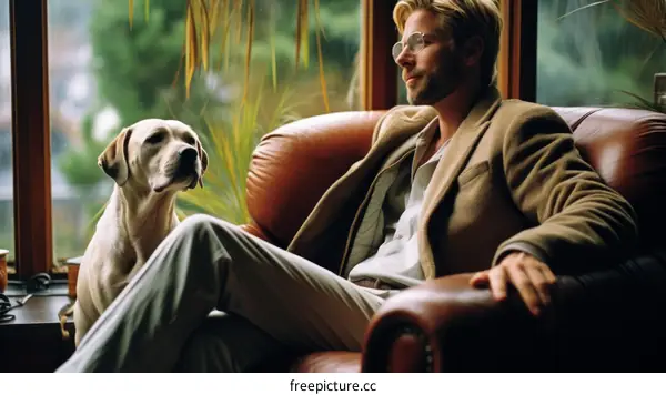 A man and his dog are sitting on a couch looking out the window.