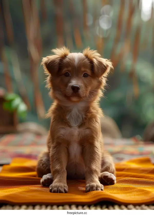 An adorable brown puppy sits on a colorful carpet and looks at the camera
