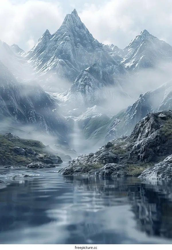 Fantasy Mountain Landscape with River and Fog