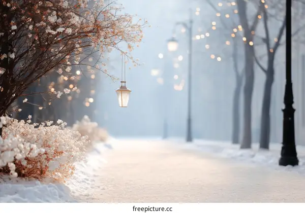 Winter Snowy Street Scene with Streetlamp