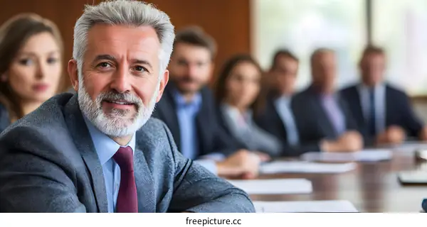 Smiling Businessman in Meeting with Team