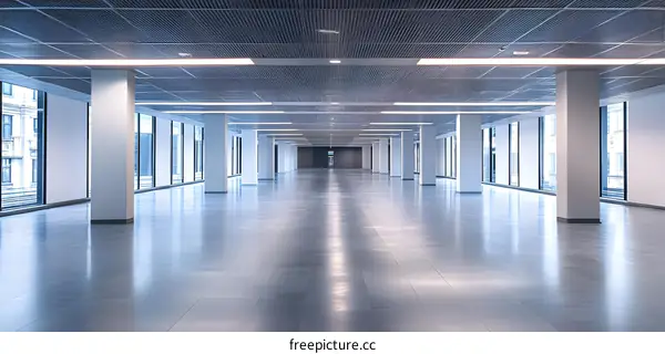 Empty Office Building Interior with White Columns and Windows