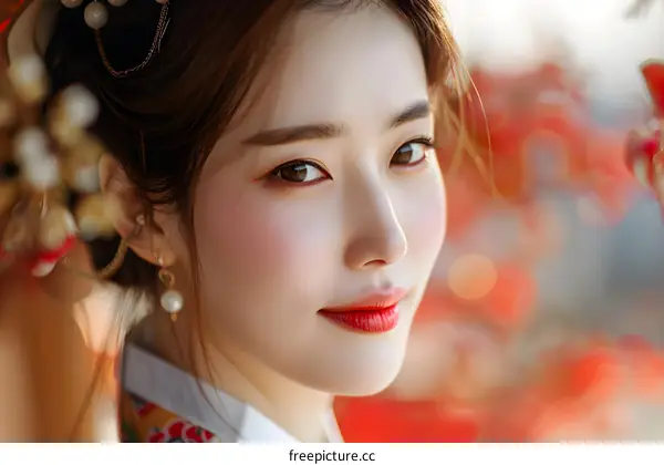 Portrait of a beautiful Asian woman in traditional Korean dress