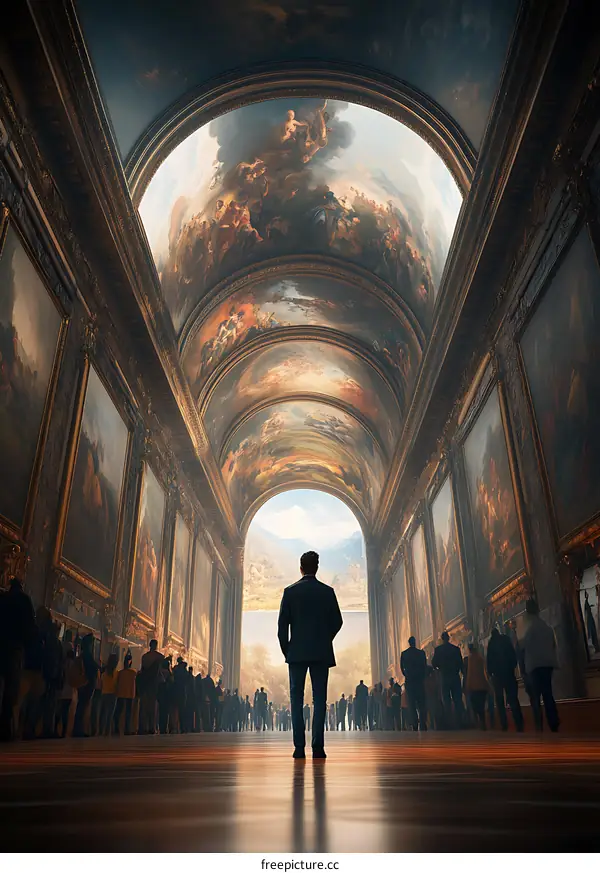 Man Looking Through An Archway in A Museum Hallway